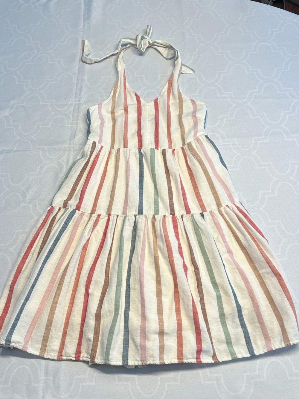 American Eagle Women’s Halter Stripe Tiered Multicolor Dress Linen Blend Size XS